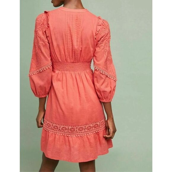 Anthropologie Akemi Kin Josephine Coral Floral Embroidered Lace Trim Dress Sz M - Picture 2 of 10